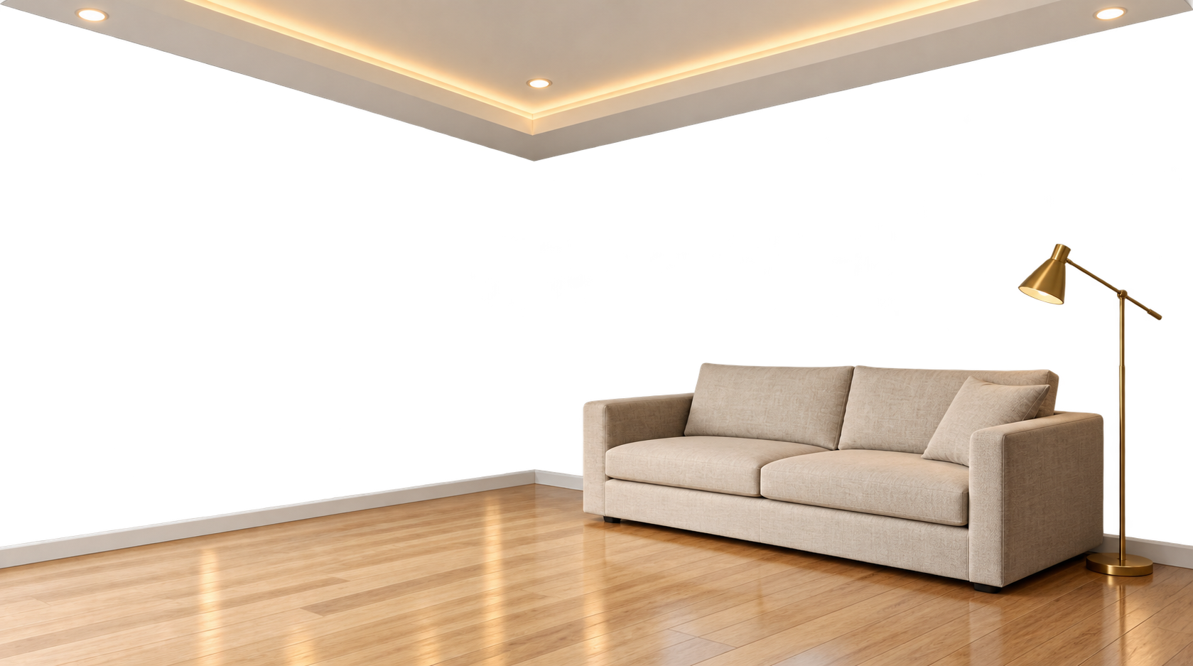 Living room sofa and brass stand lamp foreground